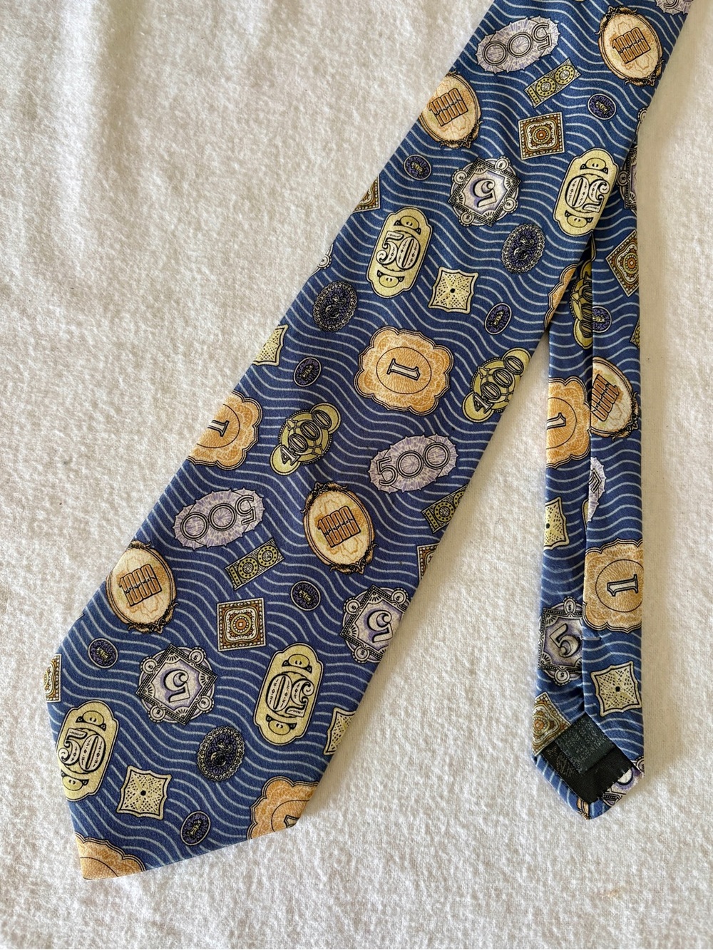 Rare Vintage Jean Paul Gaultier Paris Blue Silk Tie Money Stamp Pattern 90s EUC